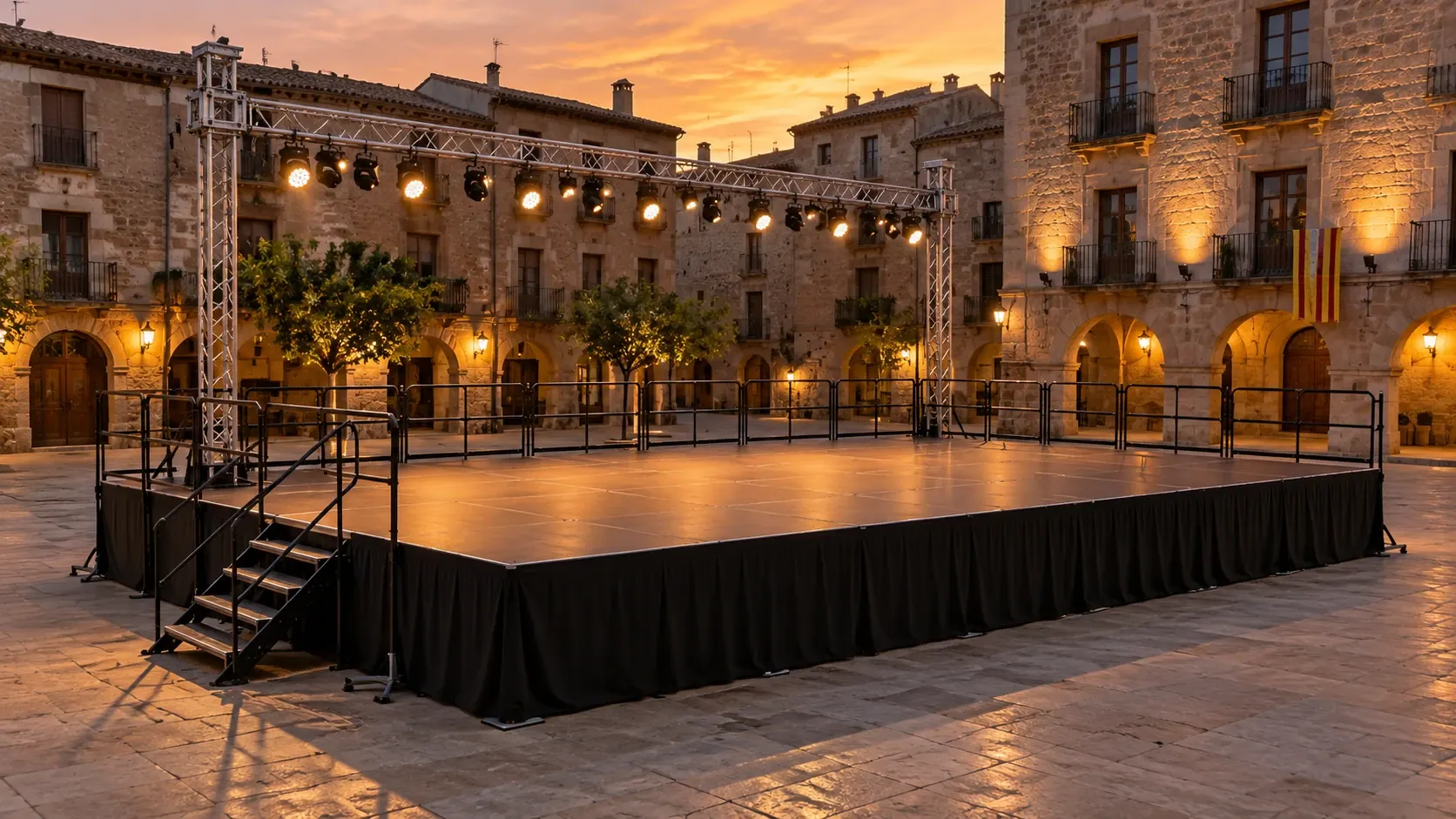 Escenari modular muntat en una plaça al capvespre per a la festa major