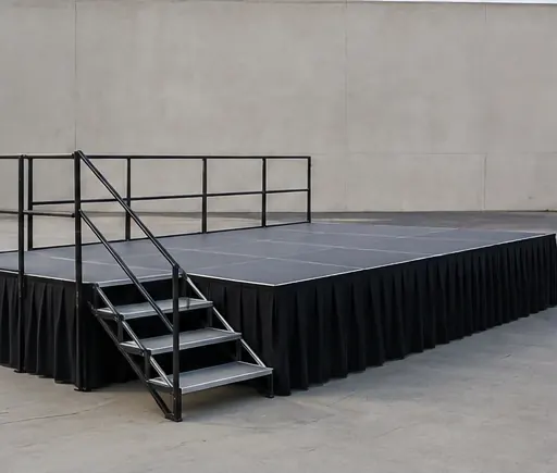 Escenario con faldón negro, barandillas y escalera