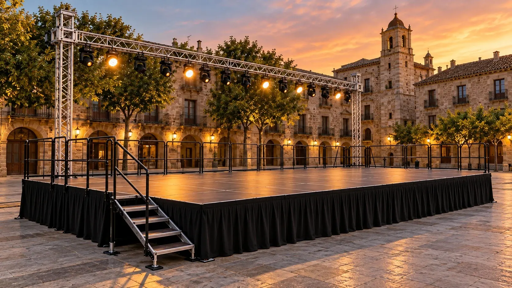 Escenari amb faldó negre, baranes i escala en una plaça
